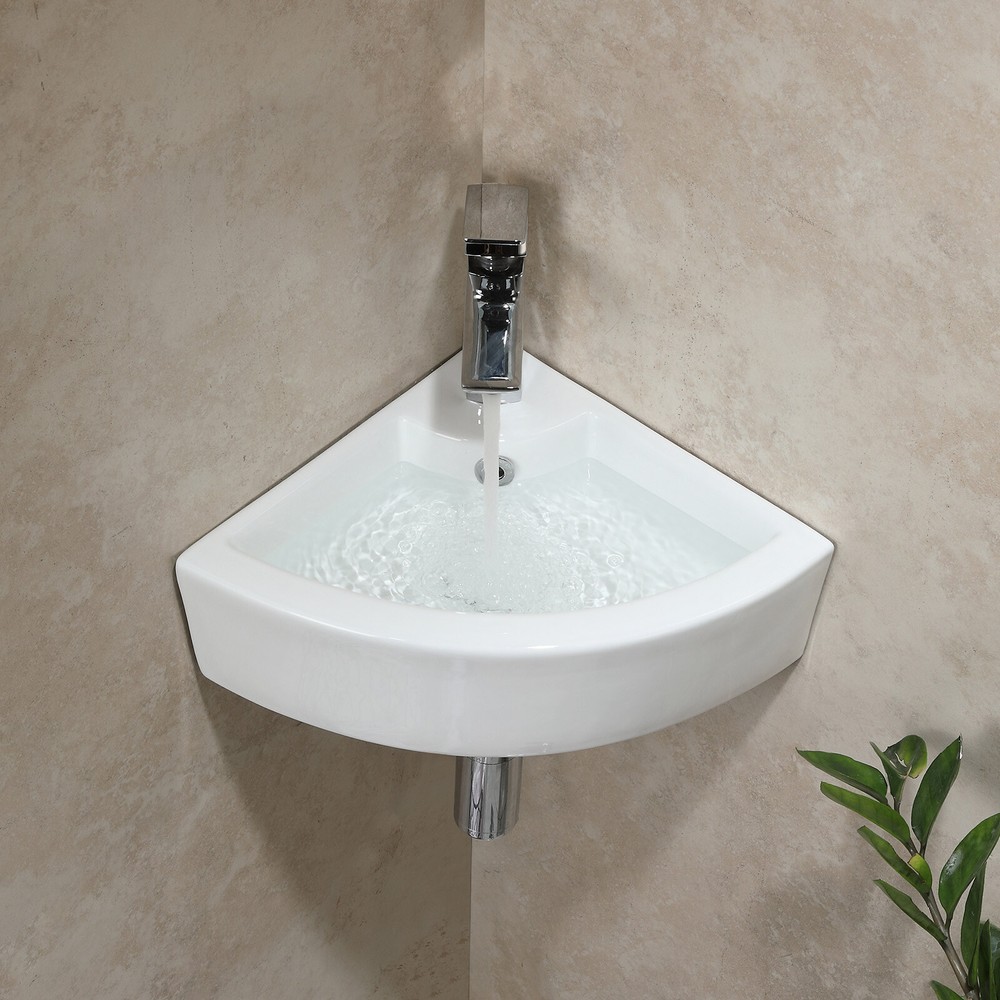 Small Wall Mount Corner Bathroom Sink with Overflow Triangle White Ceramic