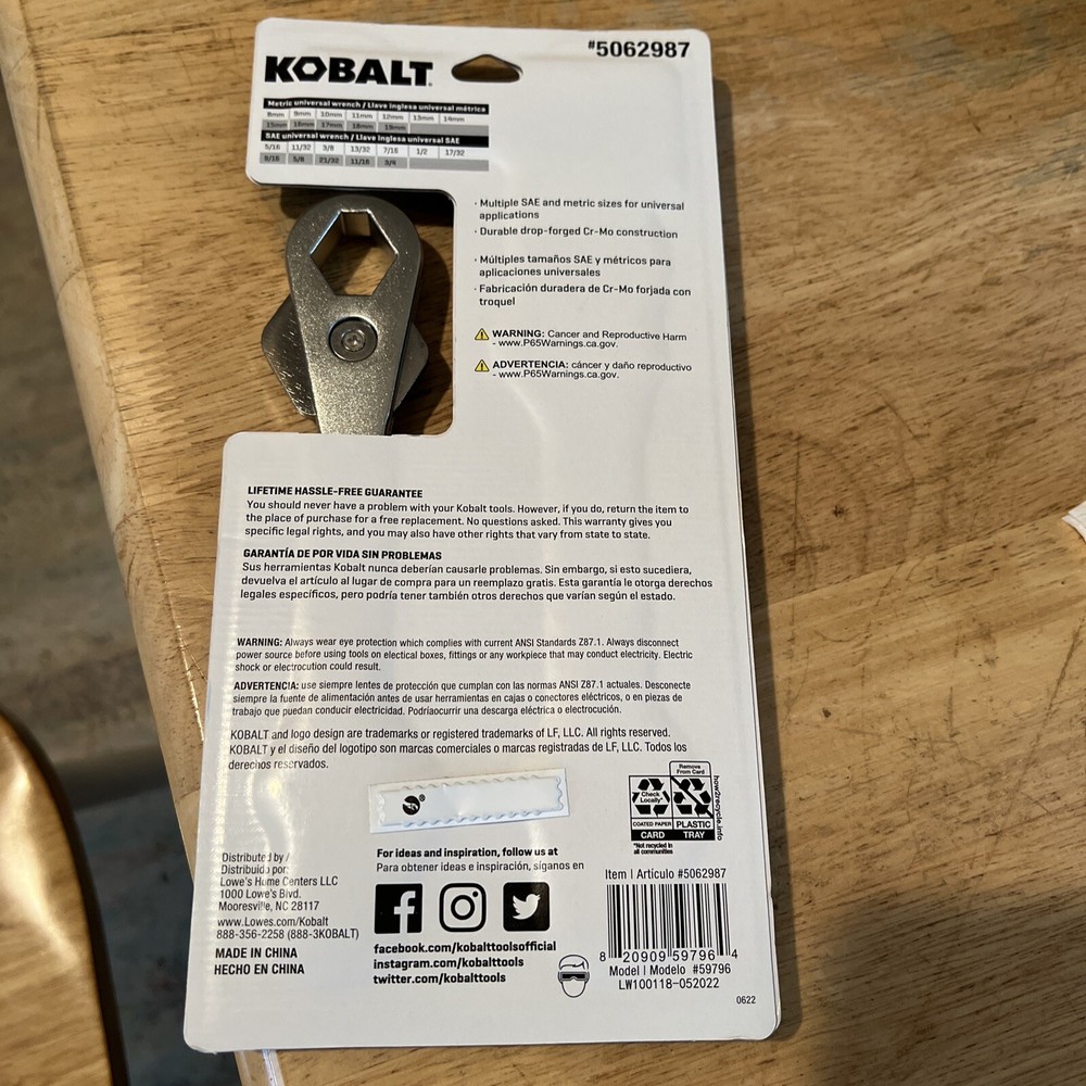 Kobalt 2 Pc. Universal Wrench, Cr-Mo