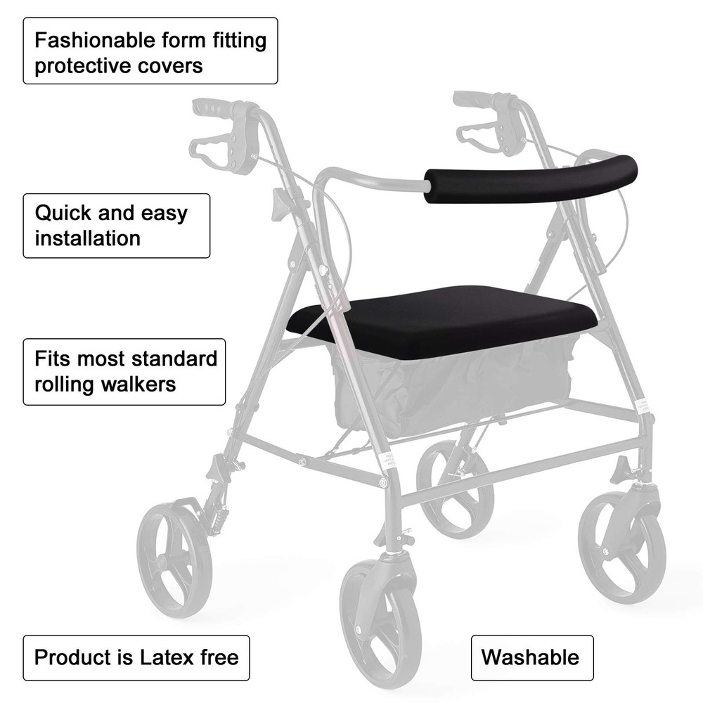 Rollator Walker Seat & Backrest Rollbar Covers Set - Adjustable Black
