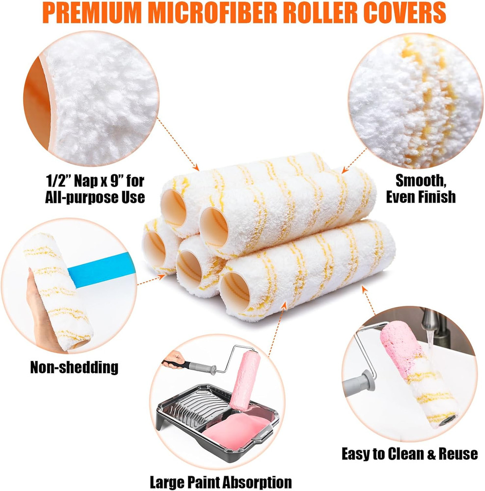 6Pcs House Paint Roller Kit, 9 Inch Extendable Roller Frame with 5 Microfiber Ro