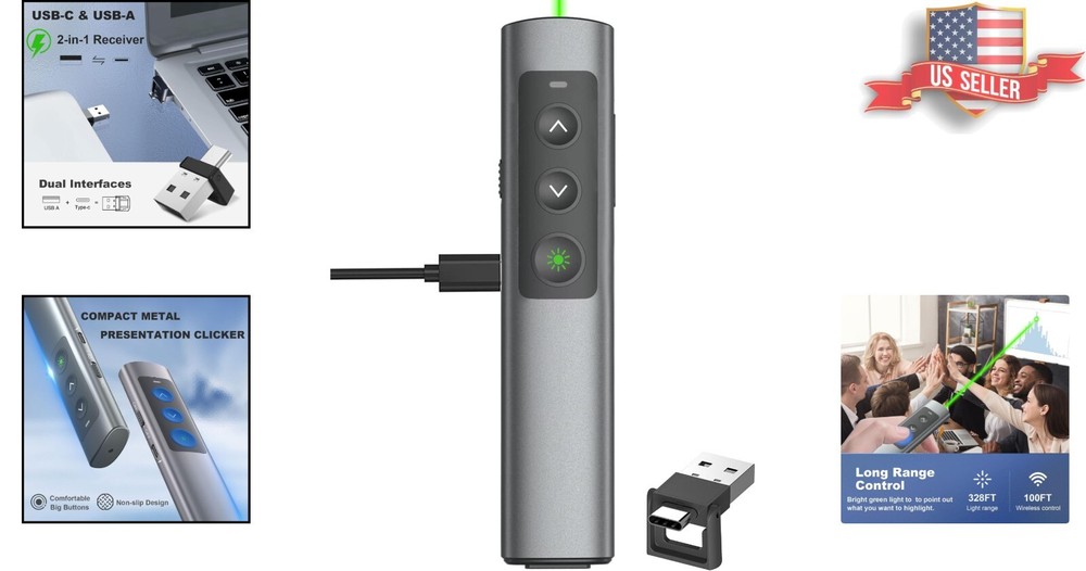 Rechargeable Green Laser Pointer Clicker - USB-A & USB-C Wireless Presenter