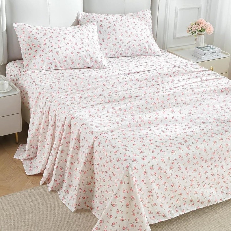Lightweight Microfiber Sheet Set Deep Pocket Floral Pattern Breathable Easy Care