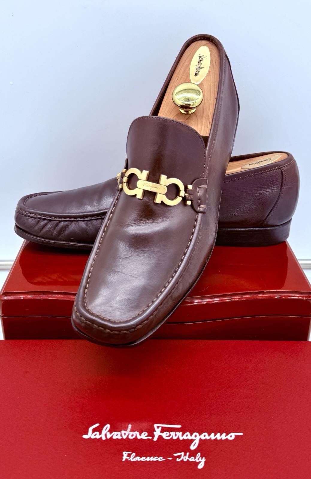 Ferragamo Mens Brown Loafers 12 Gold Gancini Horse Bit Leather Luxe Shoes Rare