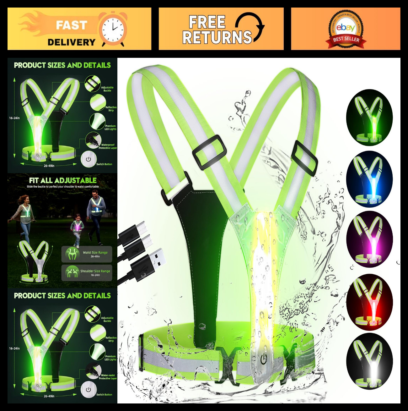 LED Reflective Running Vest - Rechargeable, High Visibility, Adjustable Size for