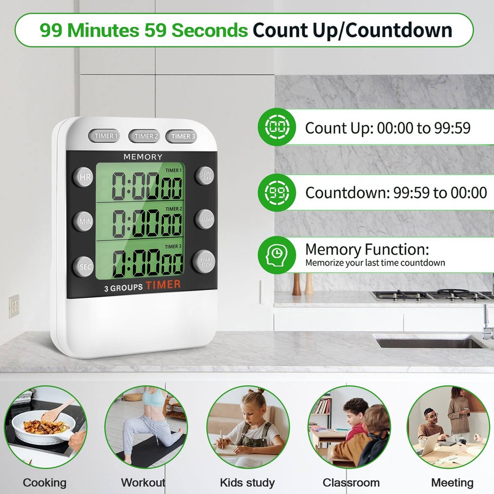 Digital Dual Kitchen Timer, 3 Channels Count /Down Timer, Triple Cooking7743