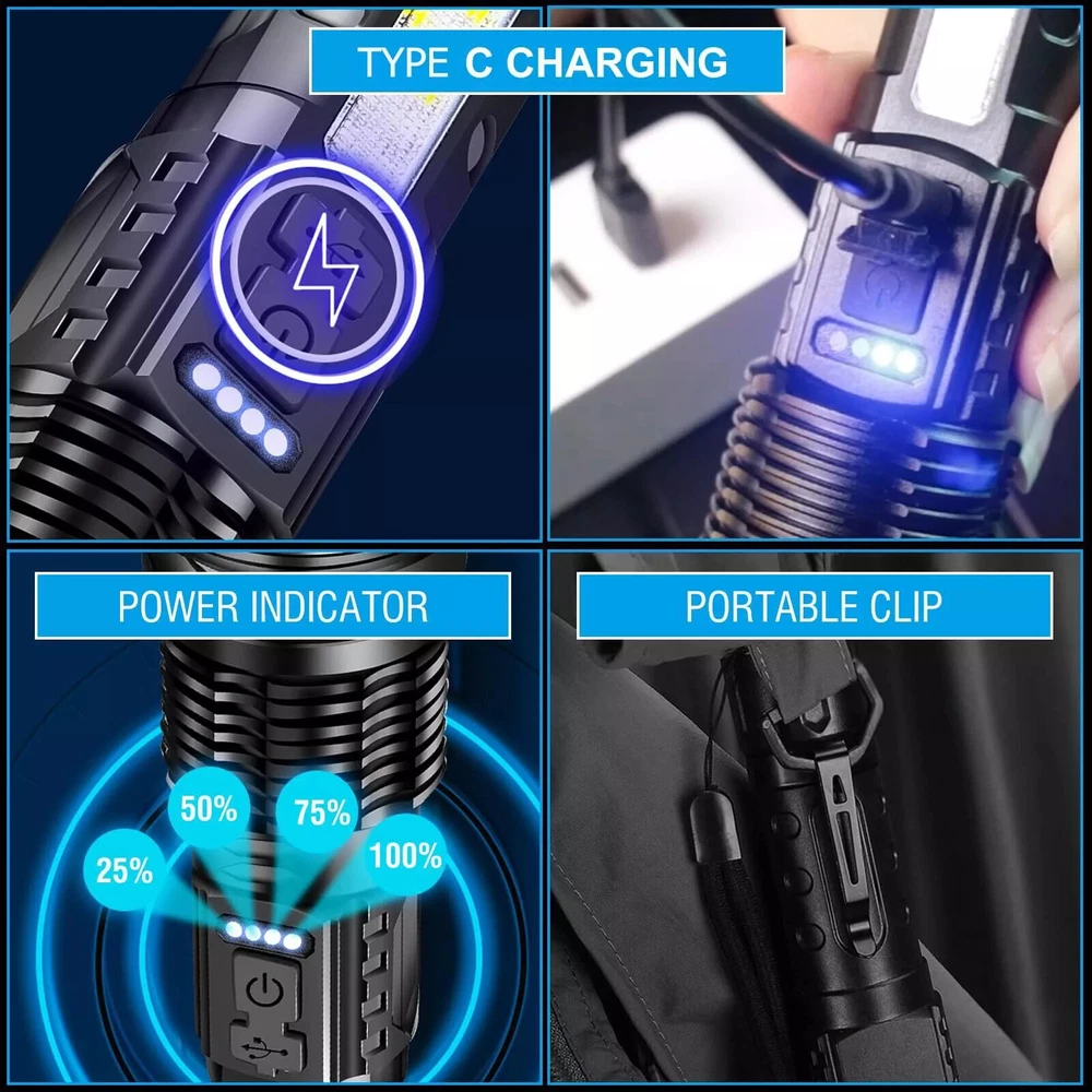 15000000LM Super Bright Flashlights High Lumens Rechargeable 7 Modes LED Flash