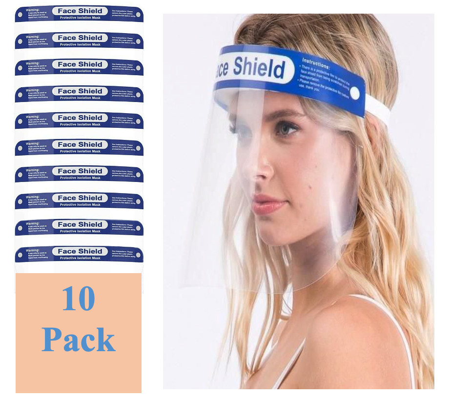 10 Pack Reusable Face Shield Adjustable, Elastic Headband Clear Visor  Adults.
