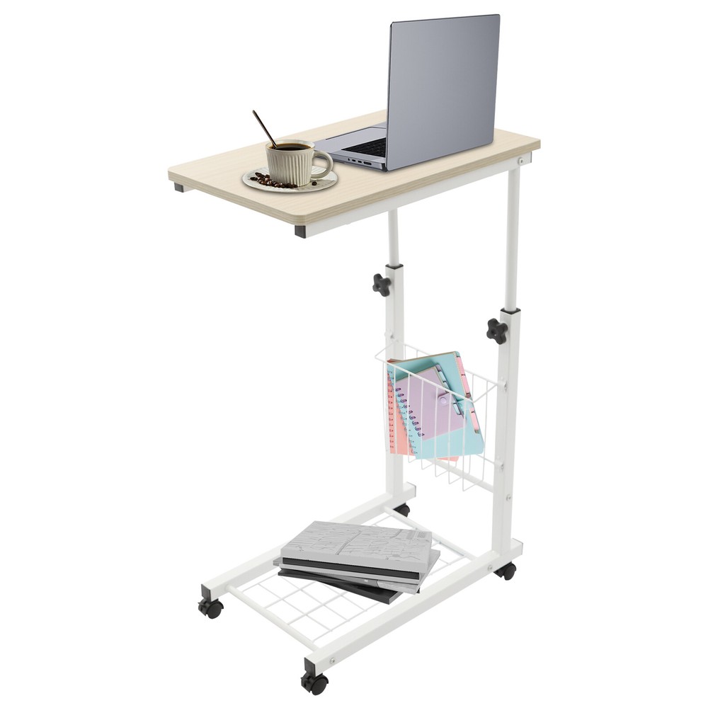 2 Tiers Adjustable Bed Side Table Thickened Mobile Standalone Table w/ Wheels