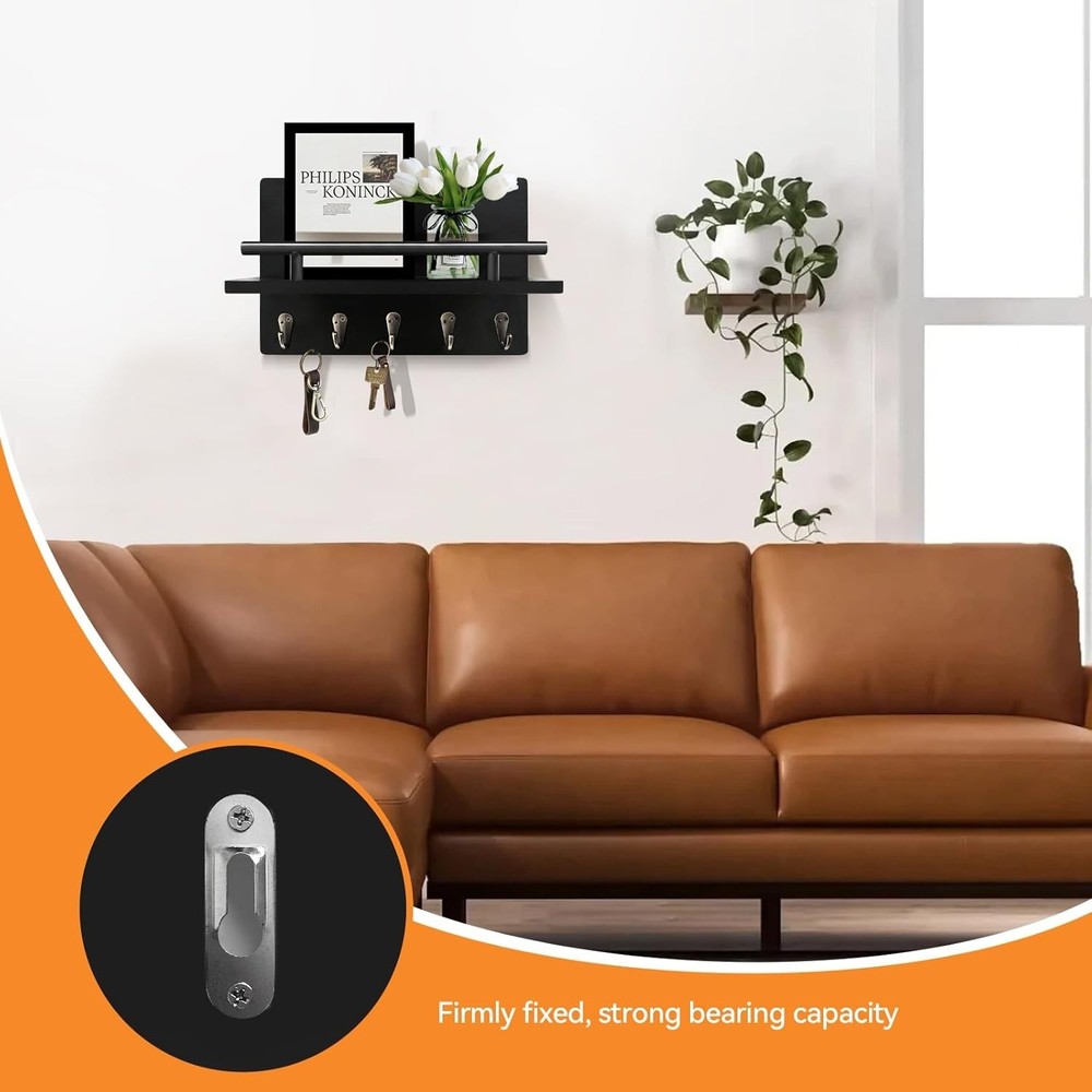 Wall-Mounted Key Holder & Mail Organizer with Hooks - Entryway Storage & Decor