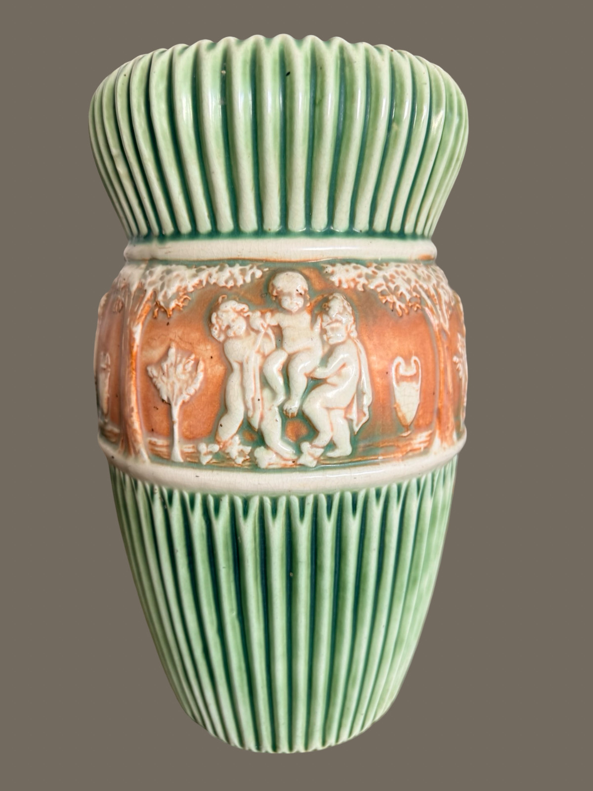 Large Antique Roseville Donatello Tall Vase Cherub Art Pottery Green 1916