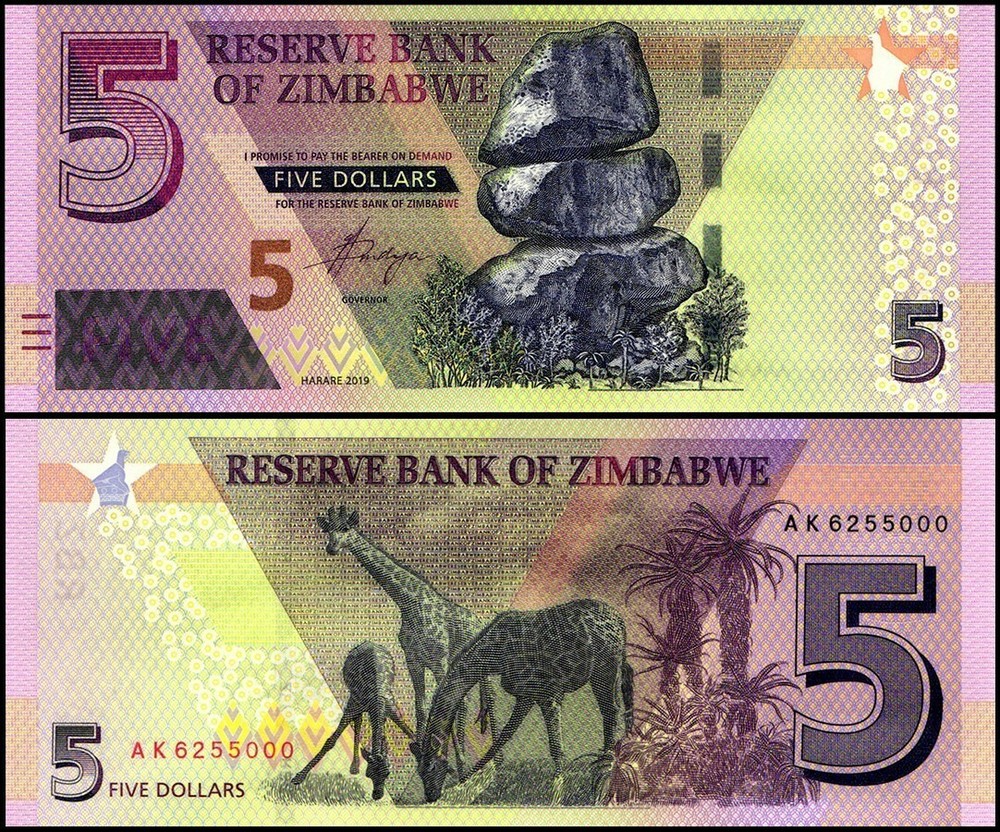 Zimbabwe 5 Dollars, 2019, P-102, UNC X 100 PCS Bundle Pack