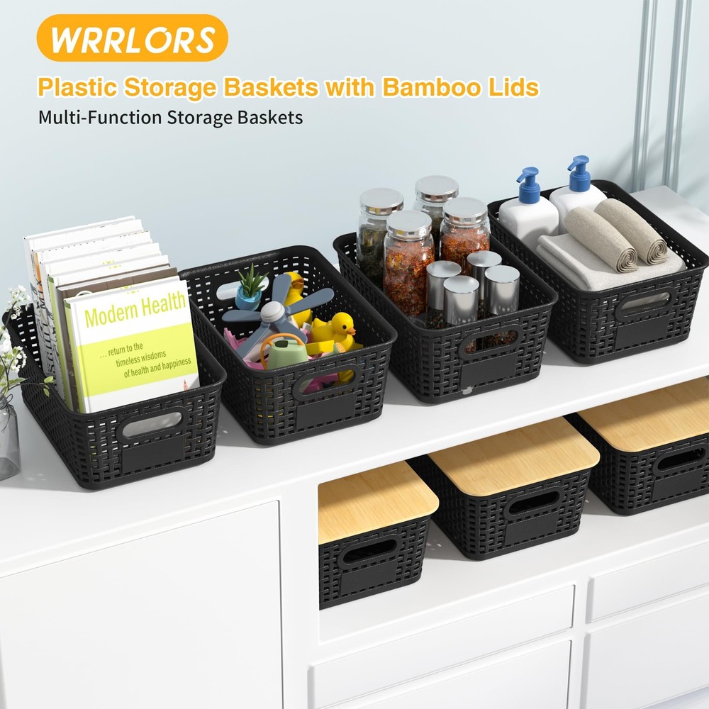 Plastic Storage Baskets with Bamboo Lids and Labels, Stackable Storage Contai...