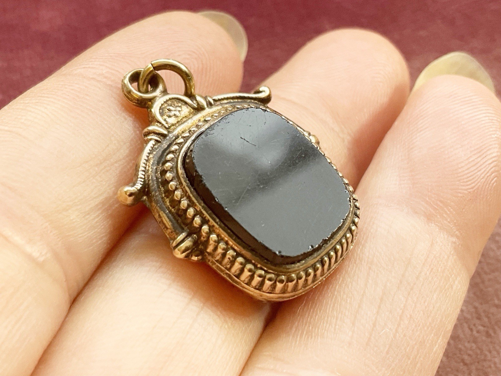 Antique Gold Filled Watch Fob Charm Pendant with Black Onyx