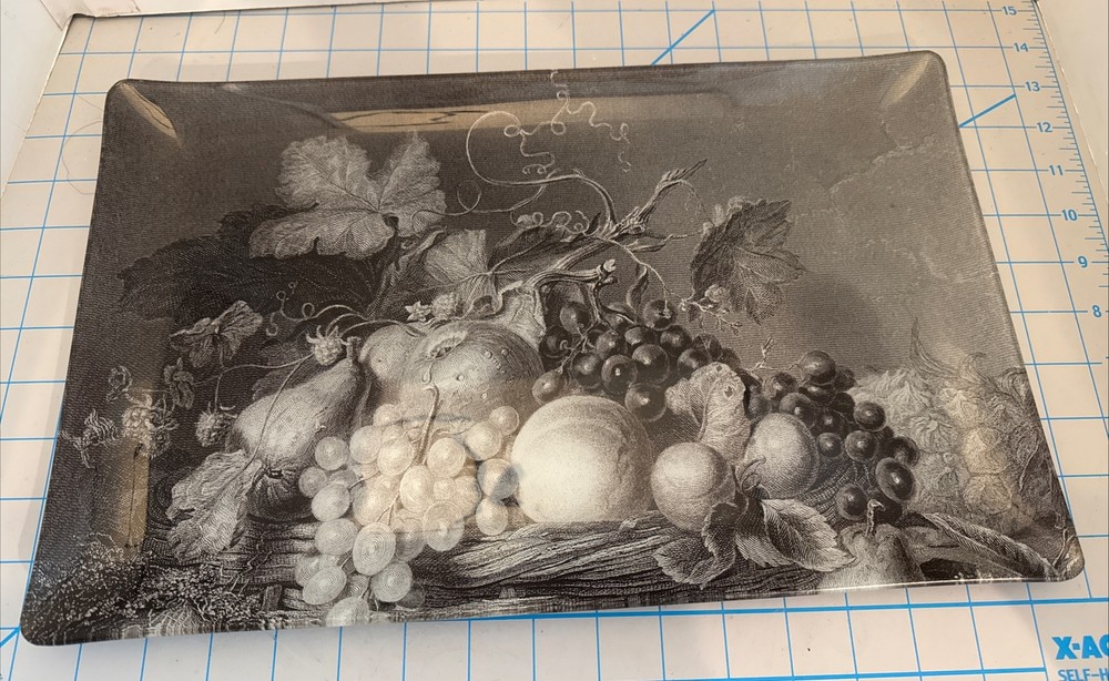 Rectangular Bent Glass Decoupage Tray Fringe Studio Black & White Fruit 16"x10"