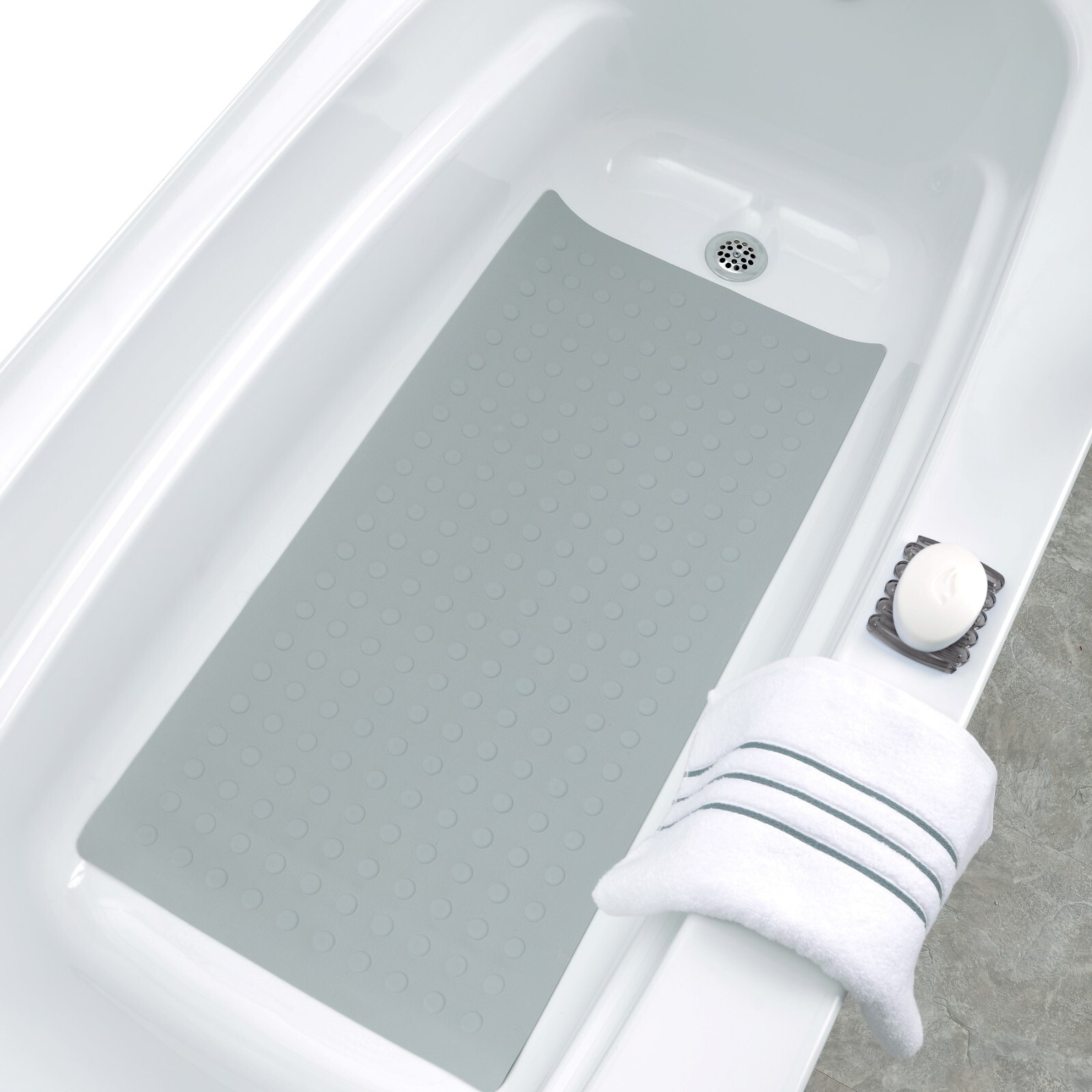 Extra Long Rubber Bath Safety Mat: Gray In-Tub Suction Cup Mat