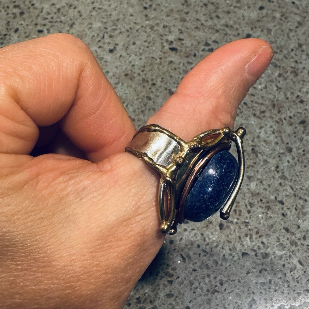 Blue stone artisan abstract adjustable, scroll wrap metal work copper/brass ring