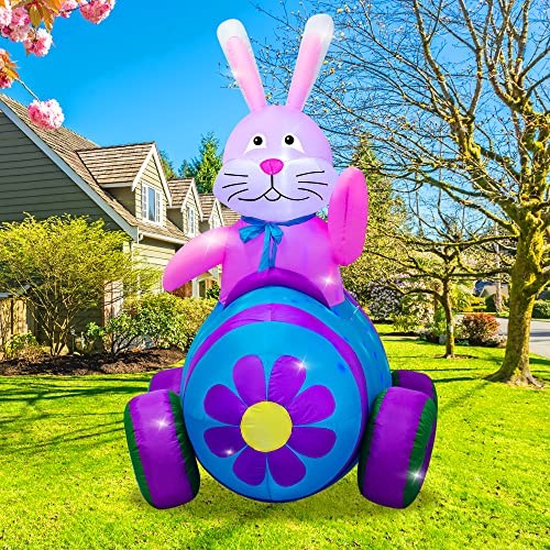4Ft Easter Inflatables Bunny Decorations with LED 4ft Bunny Driving Car