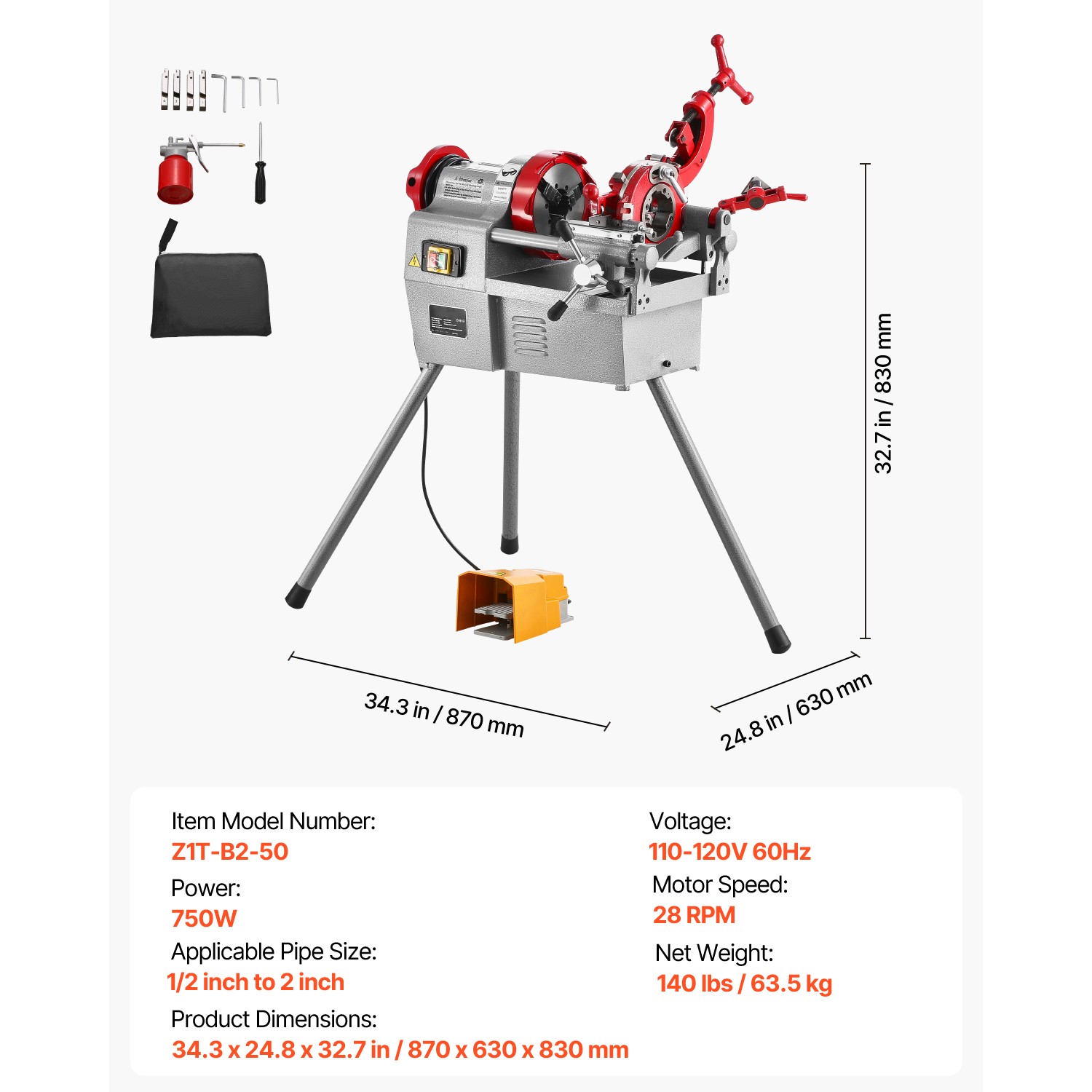 Electric Pipe Threader Machine 750W 28RPM Threading Cutter for 1/2" to 2" Pipes