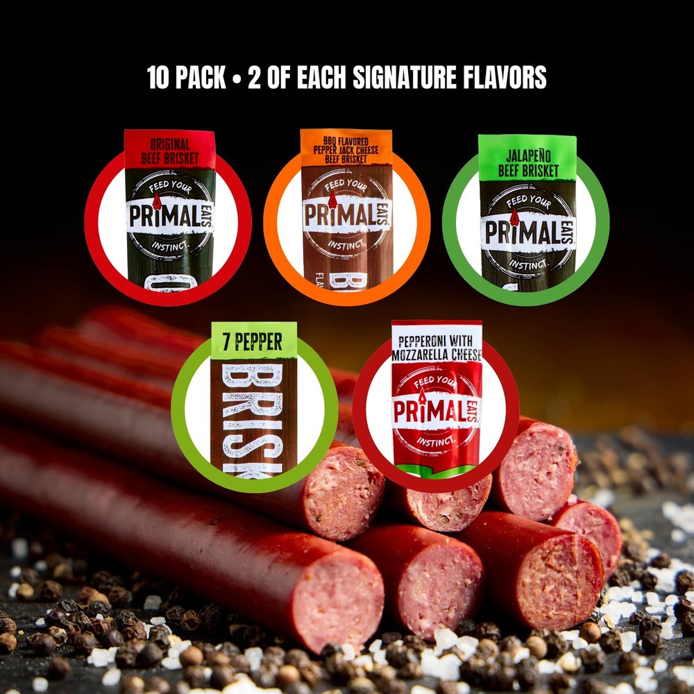Primal Eats Sample Pack 100% Grass Fed Beef Brisket Meat Sticks, 3oz 10Pack ...