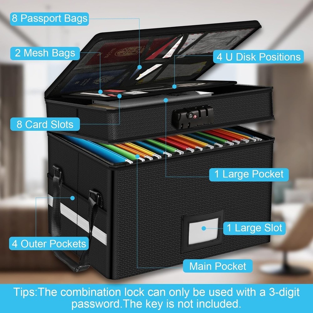 Fireproof Document Box with Lock - Portable 2 Layer File Safe for Home & Office