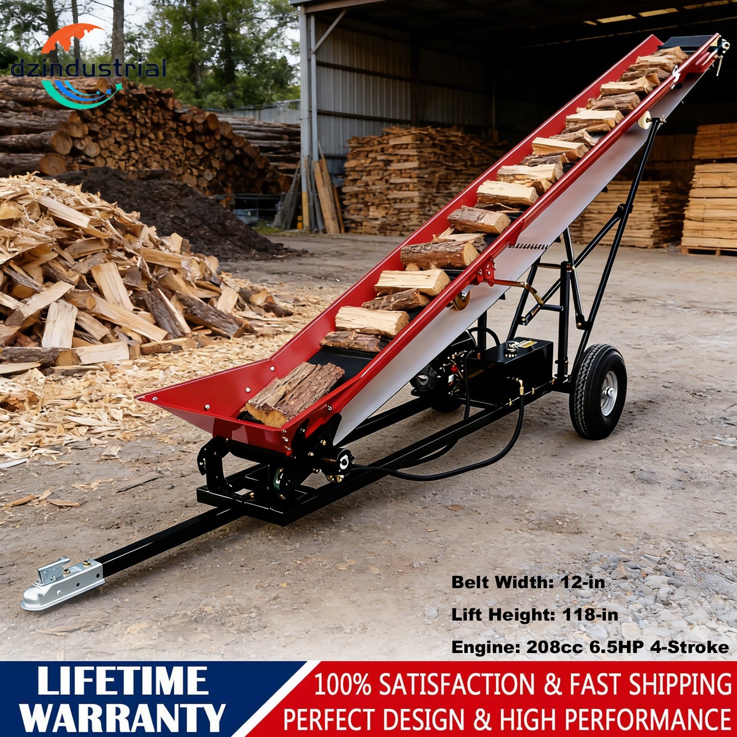 12" Firewood Conveyor 6.5HP Gas Powered 118in Lift Height Belt Log Elevator