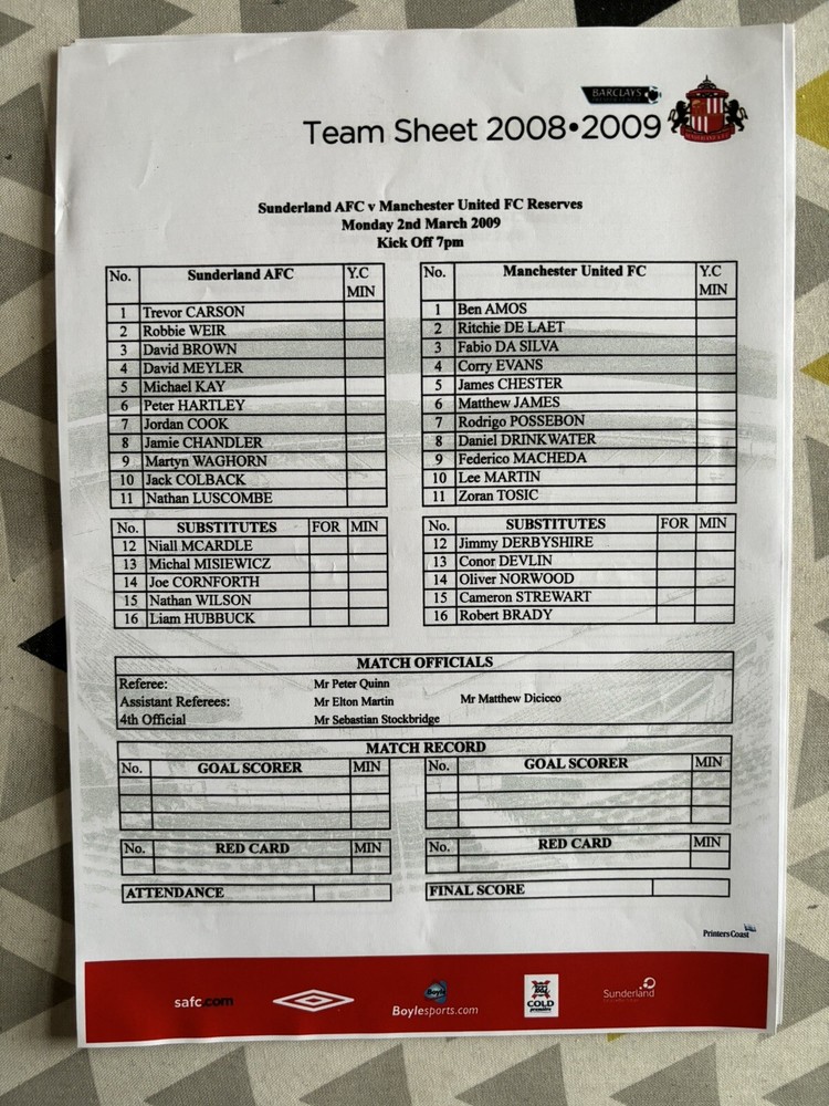 Sunderland Team Sheets X9 2004-09