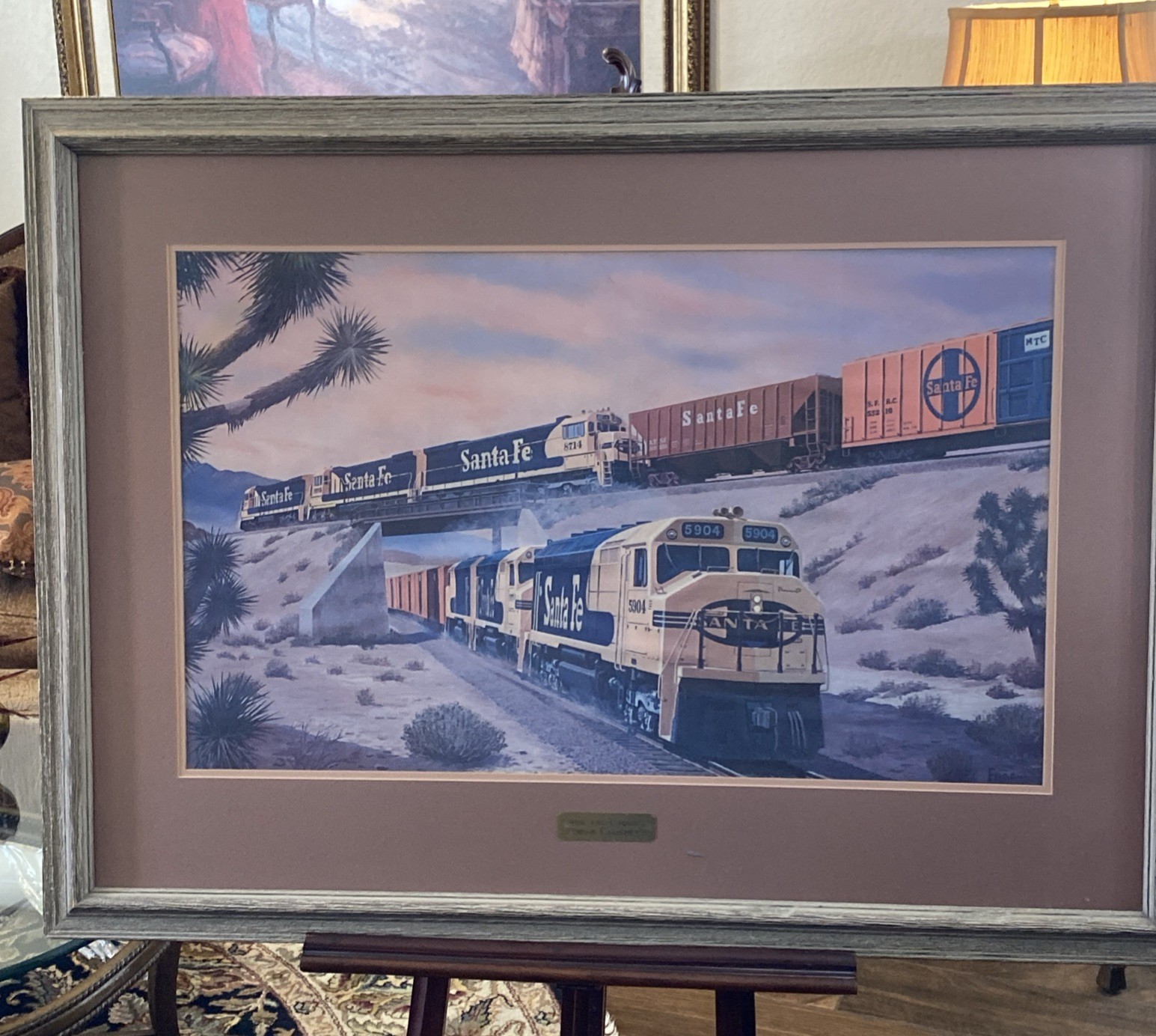 VINTAGE SANTA FE TRAINS ADVERTISEMENT LARGE FRAMED PRINT FOGG 41”x31”