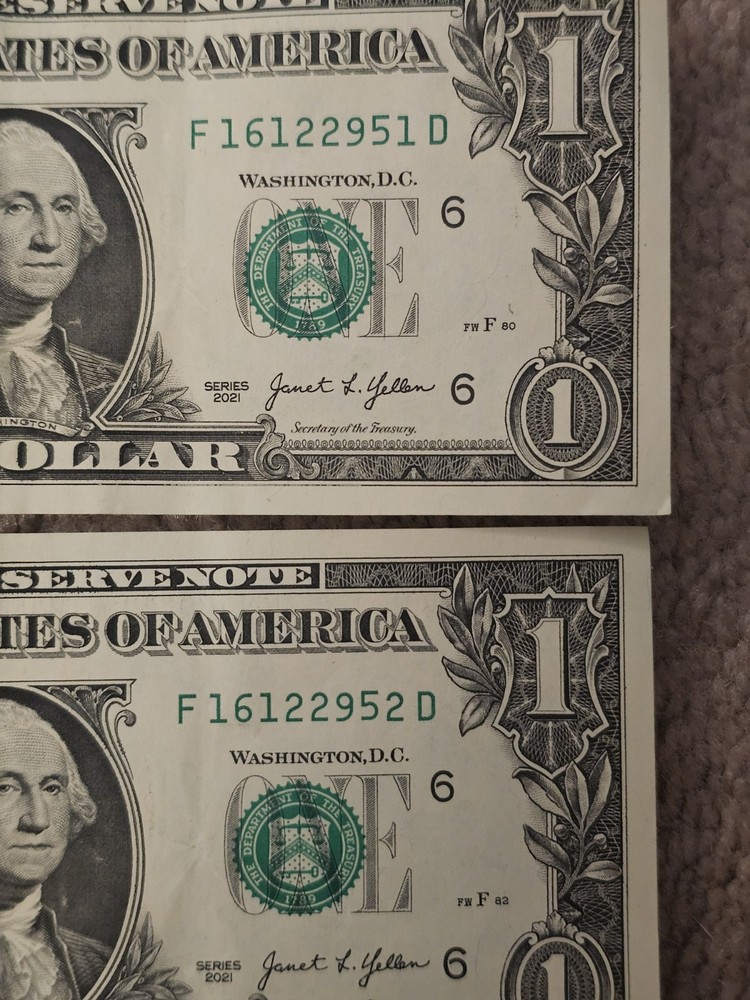 2021 $1 Dollar Bill Sequential Serial Numbers Seql Misaligned Unique Rare Find