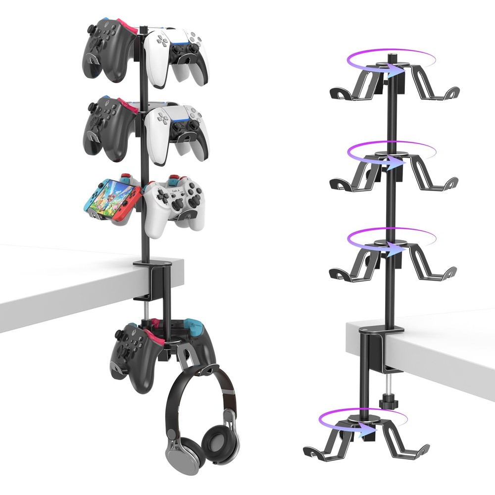 Rotatable 4 Tier Desk Clamp Controller Headset Stand, Universal Under Desk Co...