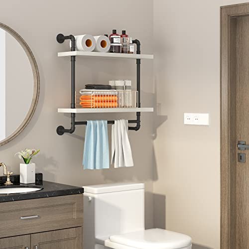 Helsin 24in Industrial Pipe Shelving, 2 Tier Rustic Wood Floating Bathroom
