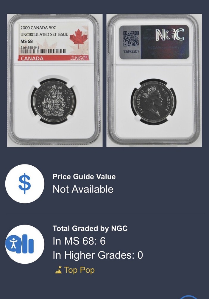 2000 NO ' W ' MINT CANADA 50 CENT NGC MS68 UNC HALF DOLLAR