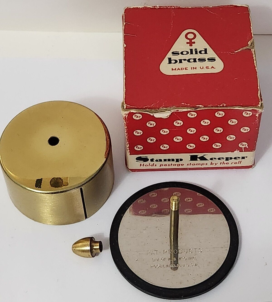 Vtg Mint Solid Brass postage roll Stamp Keeper 1950s USA