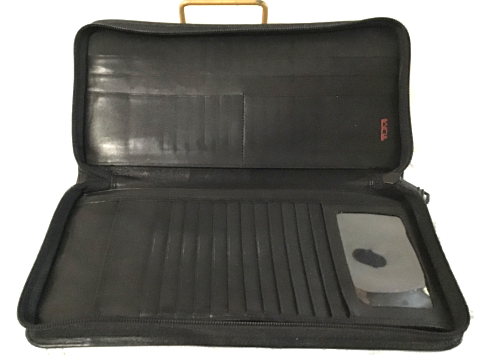 Tumi black leather zip around passport ID organizer travel wallet, 10" x 5" x 1"
