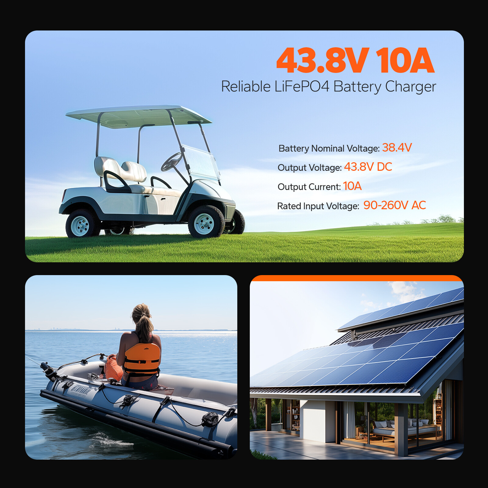 LiTime 36V 43.8V 10A AC-DC Smart Charger Waterproof for Lithium LiFePO4 Battery