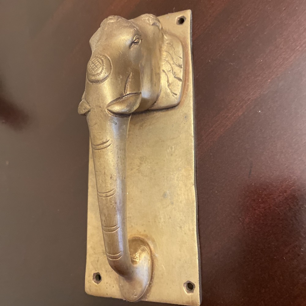 ANTIQUE SOLID BRASS ELEPHANT HEAD DOOR HANDLE 6.6” X 2.5”