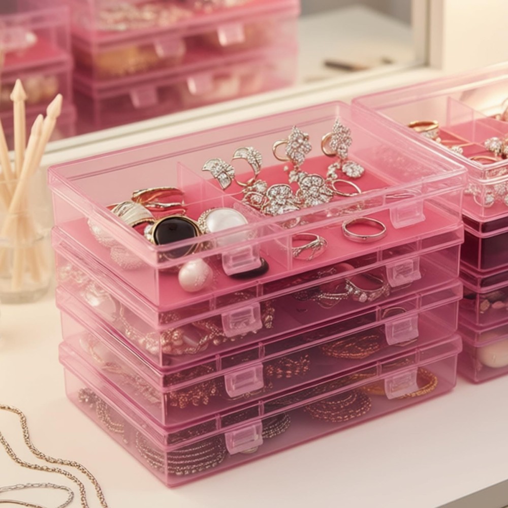 4 Pieces Rectangular Plastic Boxes Empty Storage Organizer Containers with Hi...