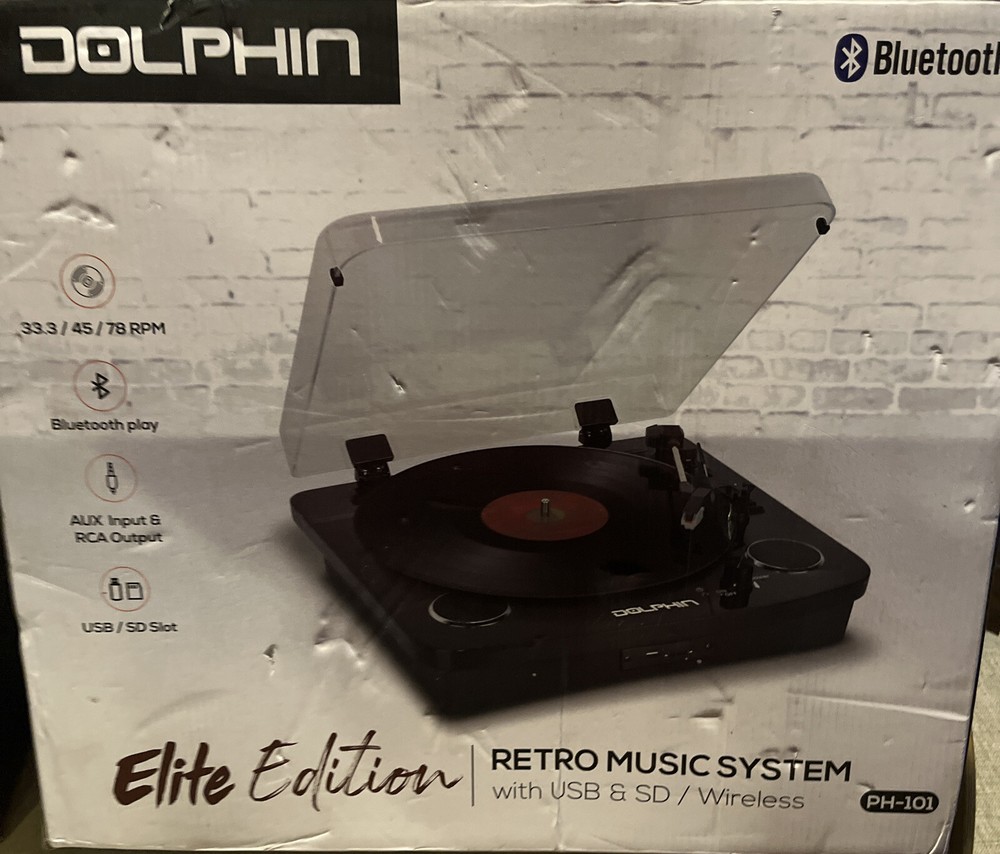 Dolphin PH-101 Retro Turntable Vinyl Record Player +Bluetooth/USB/SD. OPEN BOX