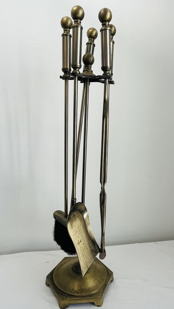 Fireplace Tool Set - Rail on Base  Antique Brass