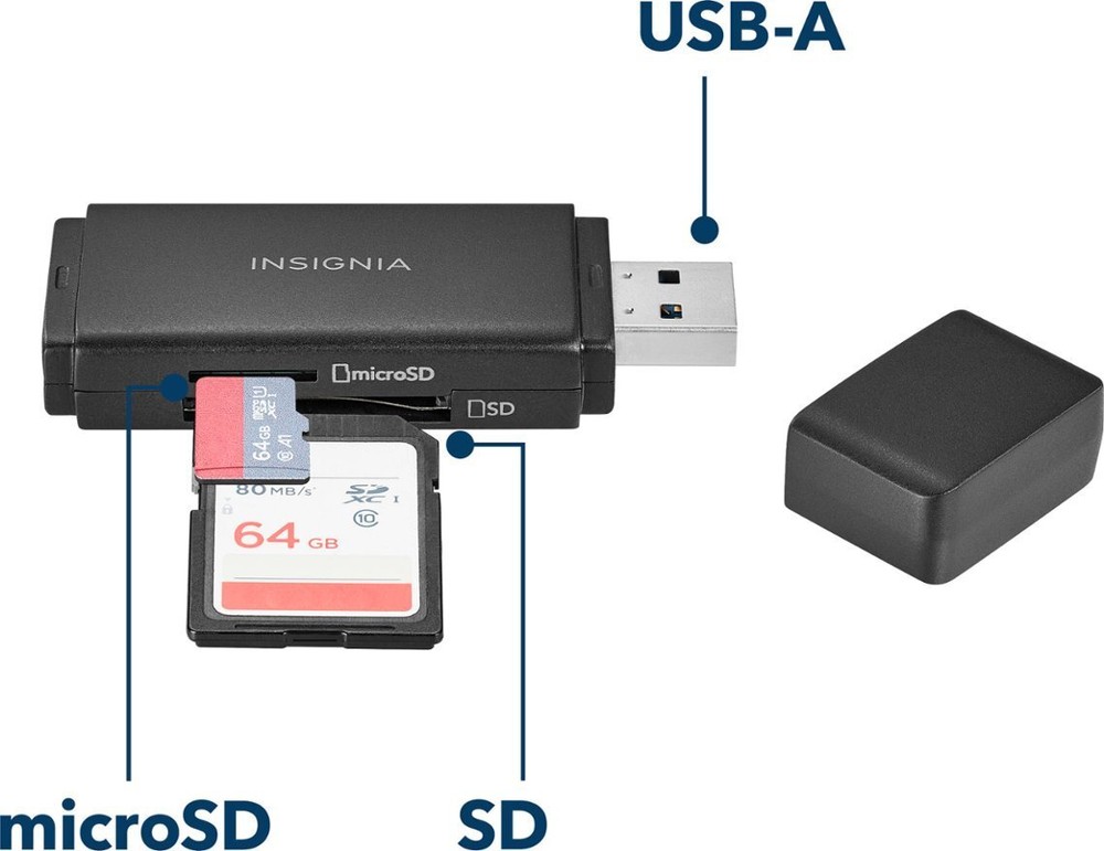Insignia USB 3.0 SD microSD Memory Card Reader for Laptops Desktops Mac PC black