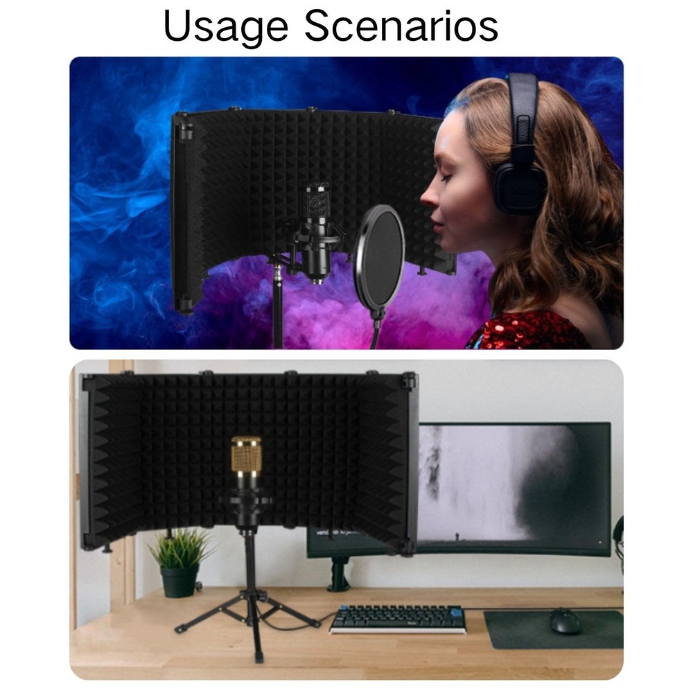 Microphone Isolation Shield, 5 Panel Sound Shield with Pop Filter and Tripod ...