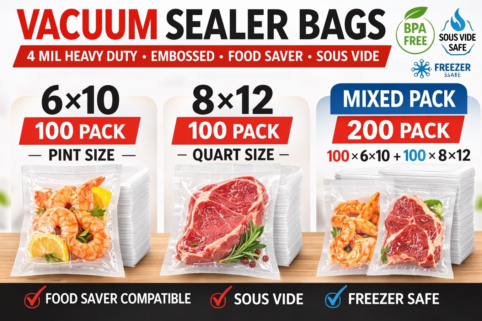 Vacuum Sealer Bags Assorted 6x10 8x12 Pint Quart 100 200 Pack Food Saver