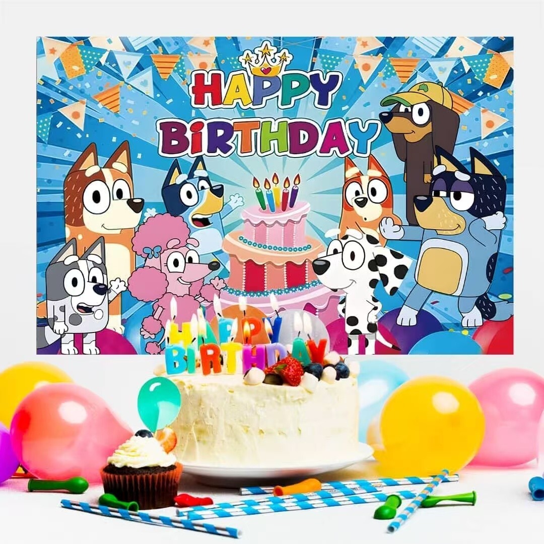 Blue Sheepdog Theme Happy Birthday Backdrop 5x3.2ft Birthday Party Decoration