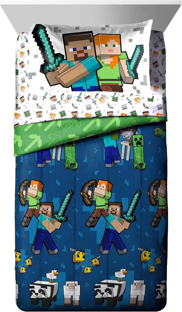 Minecraft Twin Comforter Set - 5 Piece Bedding Includes Sheet Set & Pillow Cover