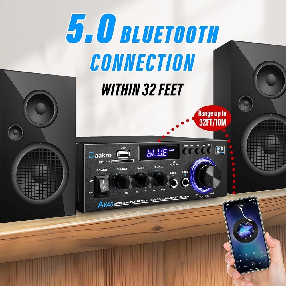 Compact 300W Home Audio Amplifier with Bluetooth & Remote Control Functionality