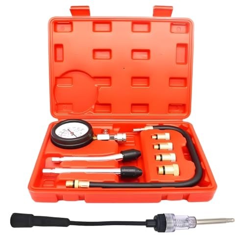 9PCS Engine Compression Tester Kit - 0-21 Bar, 0-300 PSI, Spark Plug Tester for