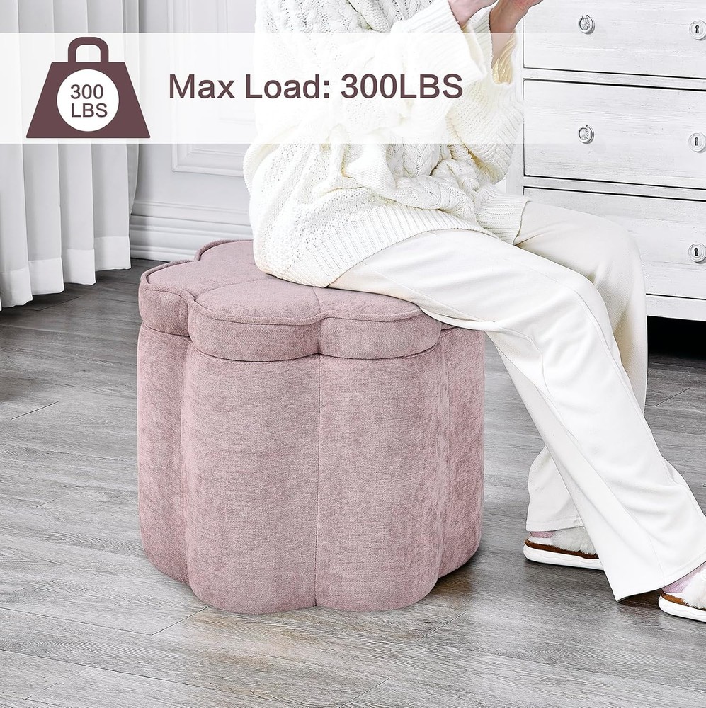 Small Pink Storage Ottoman Flower Shape Chenille Ottoman Pouf