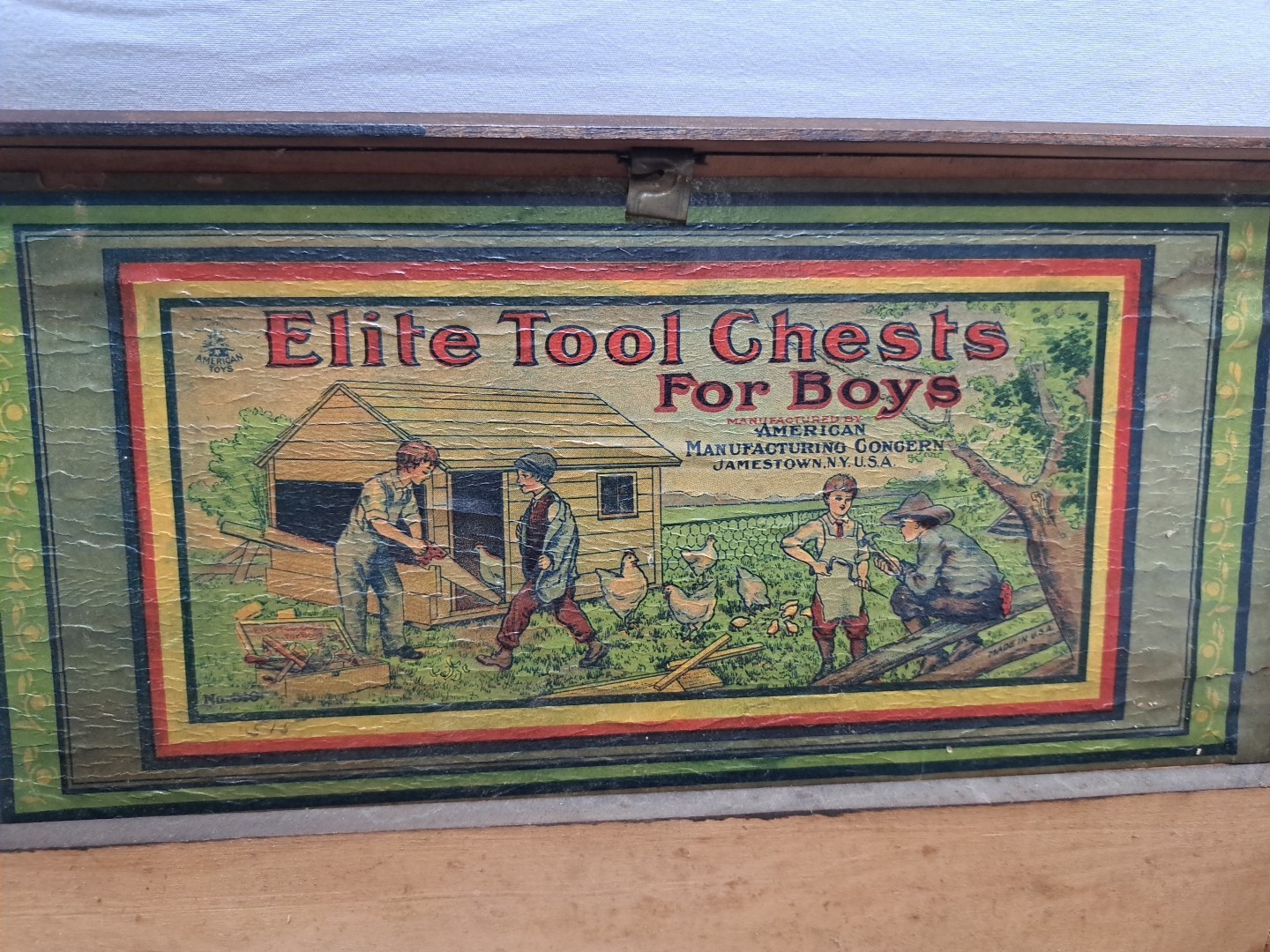 Antique Elite Tool Chests For Boys Wooden Tool Box #510 Paper Label 1900's USA