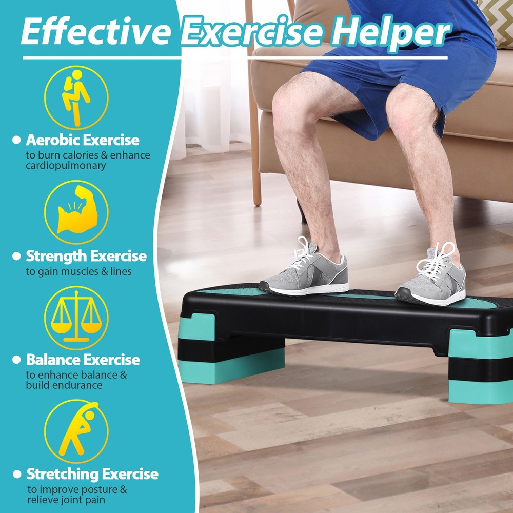 Adjustable Aerobic Stepper Workout Step with 4 Risers Exercise Platform Green