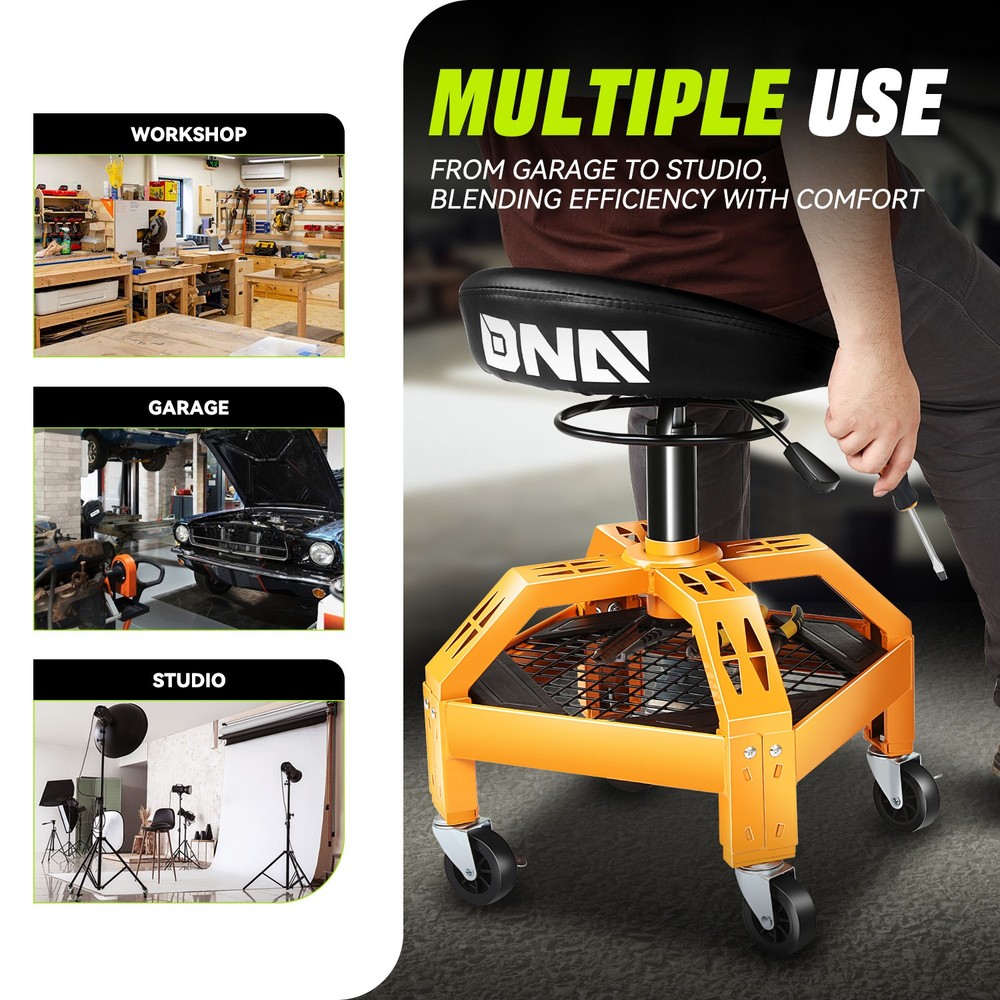 Adjustable Height Mechanic Rolling Padded Seat Creeper Stool w/ Drawer & Tray