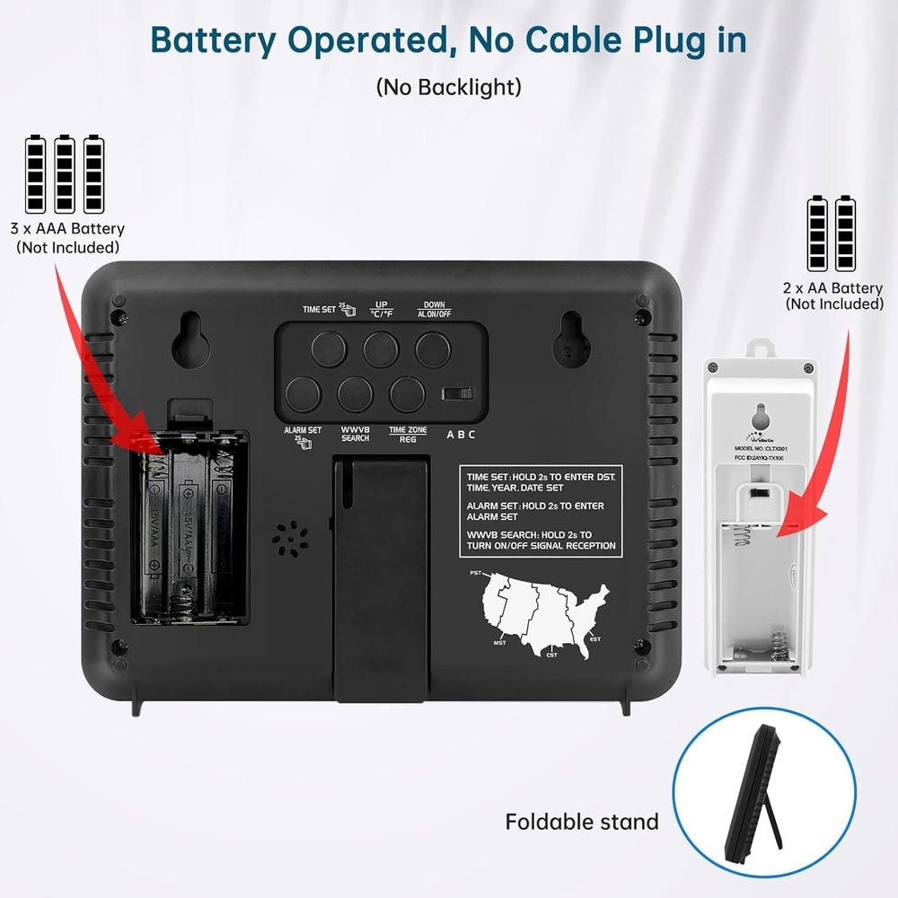 WallarGe Atomic Clock with Indoor Outdoor Temperature, Self-Setting Wall Clock